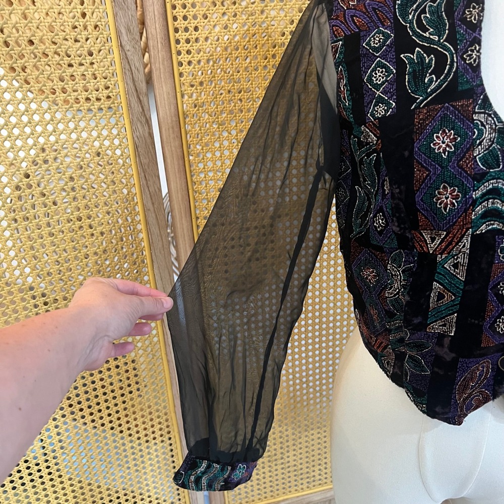 Vintage By Choice Black Velvet Sheer Sleeve Beaded Patchwork Cropped Blazer S - Picture 10 of 11